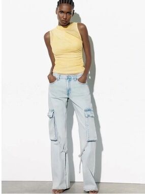 Zara Pale Blue Cargo Wide-Leg Jeans